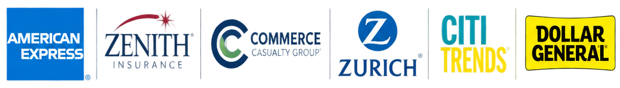 Logos of companies Fulbright Fusion has worked with, including American Express, Zenith Insurance, Commerce Casualty Group, Zurich, Citi Trends, and Dollar General