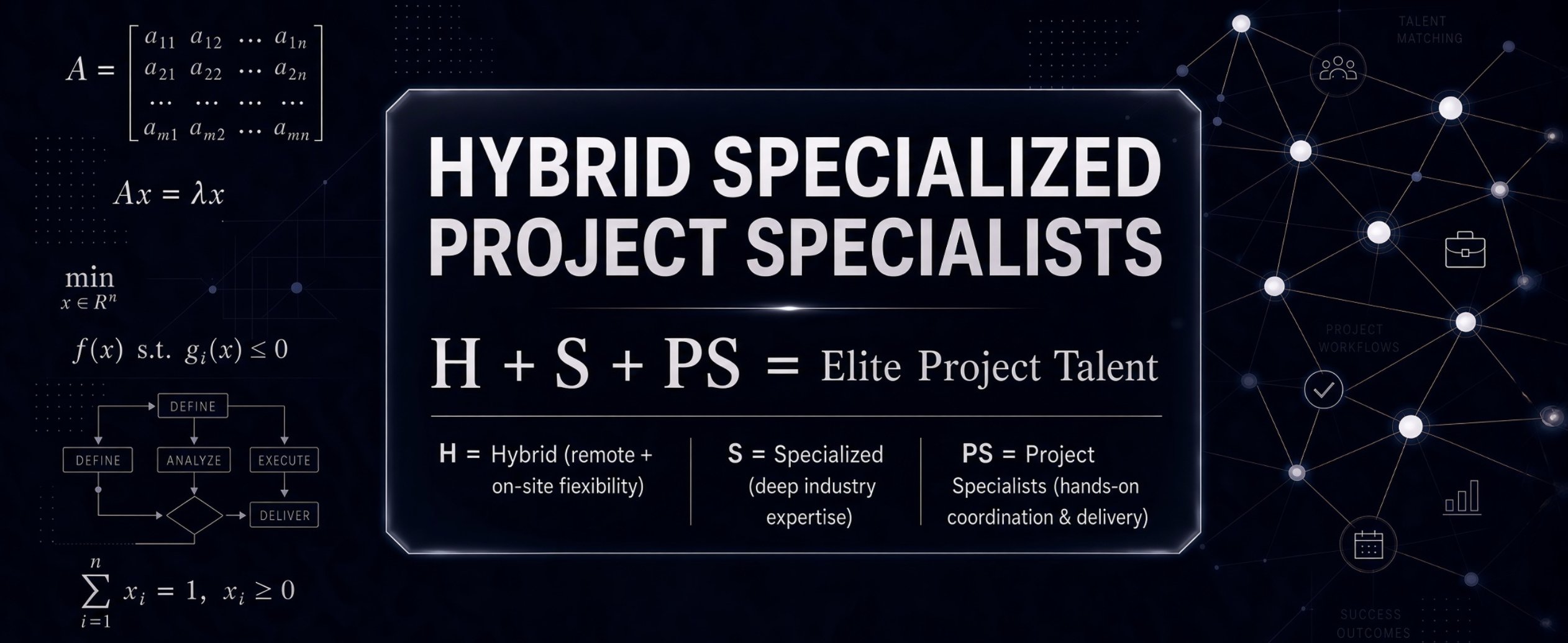 Hybrid Specialized Project Specialists: H + S + PS = Elite Project Talent. Hybrid (remote and on-site flexibility), Specialized (deep industry expertise), Project Specialists (hands-on coordination and delivery).